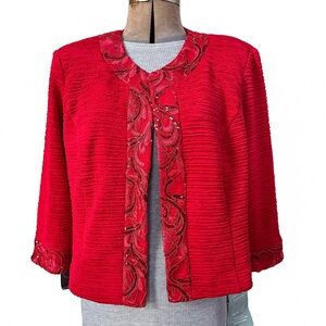 Maya Brooke Crinkle Knit Open Front Blazer Jacket Sequin Trim Bright Red